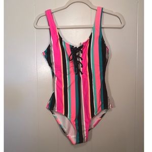 Juniors multi striped one piece swimsuit